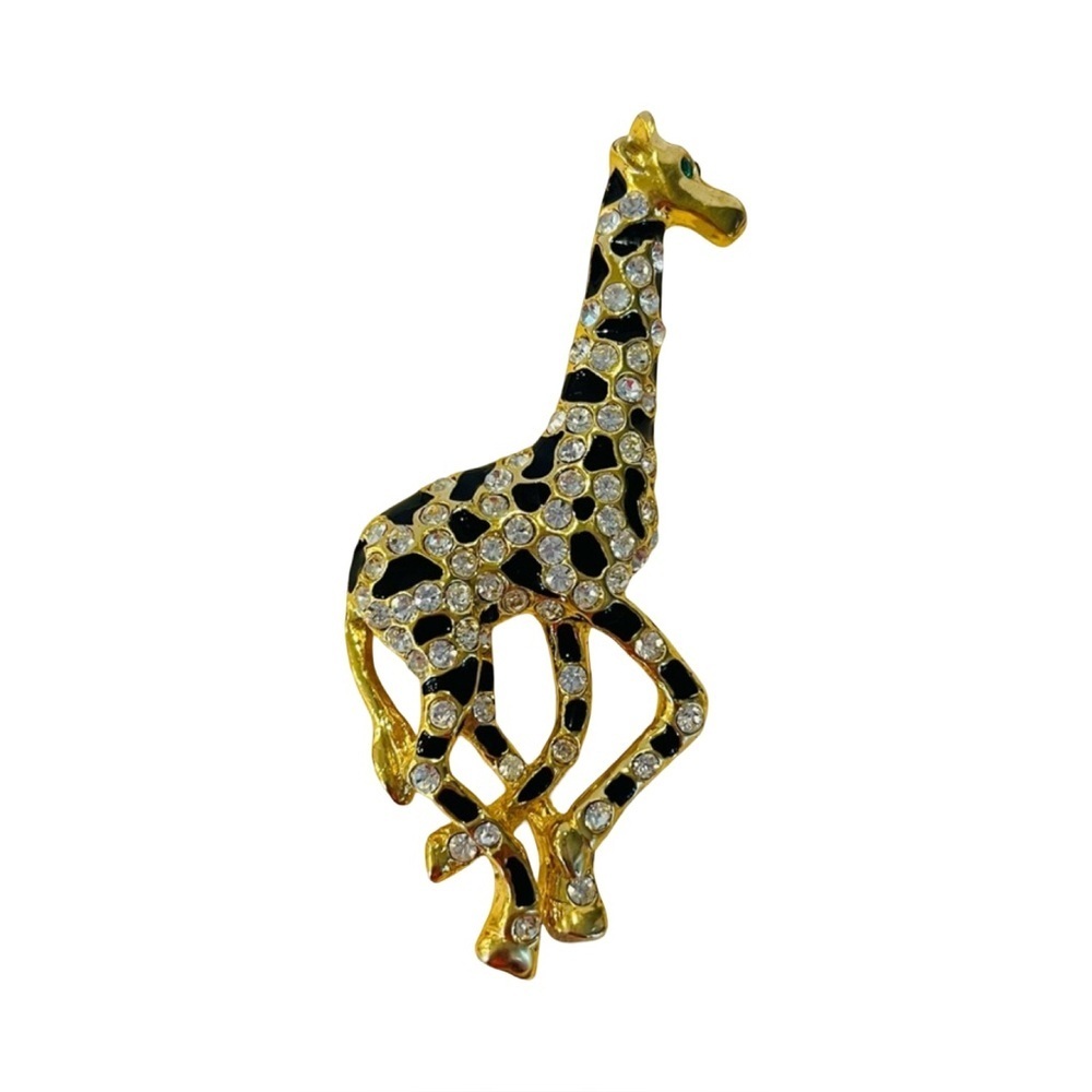 Vintage Gold and Black Rhinestone Giraffe Brooch